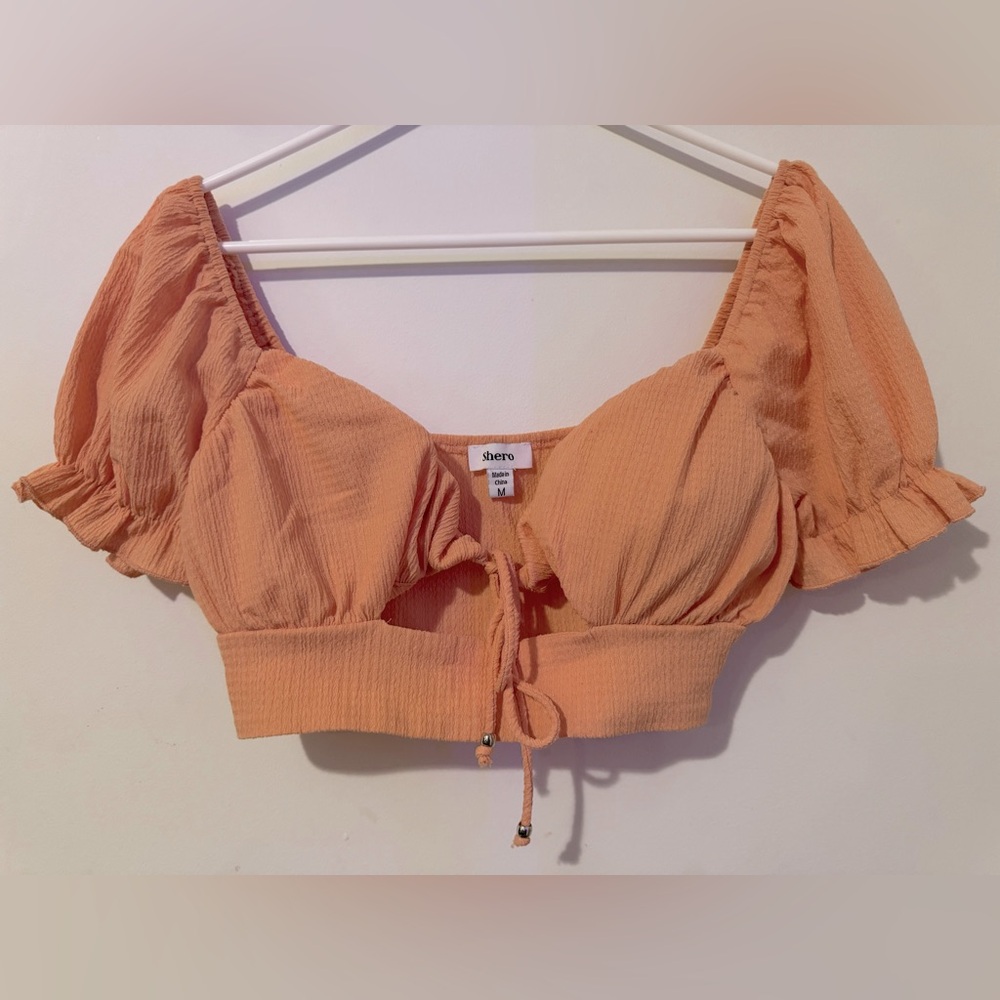 Shero Orange Off-Shoulder Puffy Short Sleeve Tie-Front Cutout Crop Top